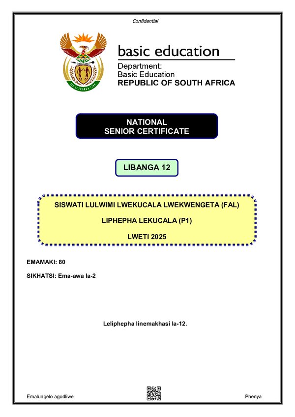 Grade 11 Siswati past paper 2020 – Siswati FAL P1