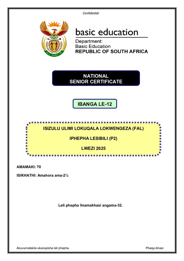 Grade 12 isiZulu past paper 2025 – IsiZulu FAL P2