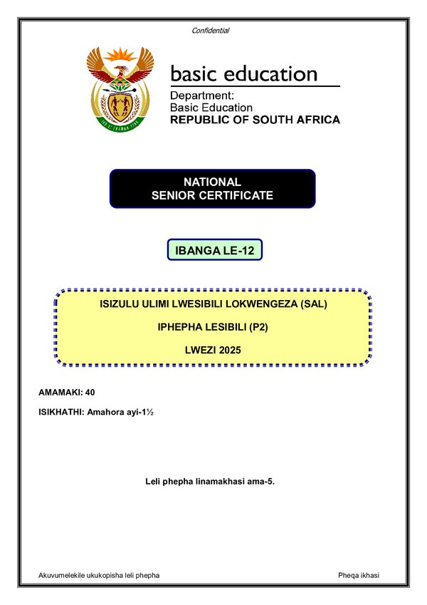 Grade 12 isiZulu past paper 2025 – IsiZulu SAL P2