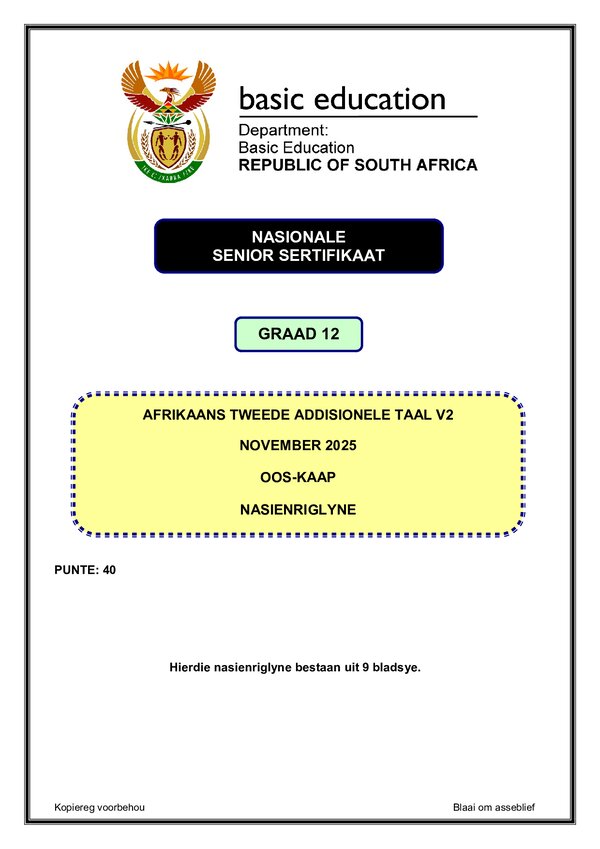 Grade 12 Afrikaans past paper 2025 – Afrikaans SAL P2 memo (Eastern Cape)