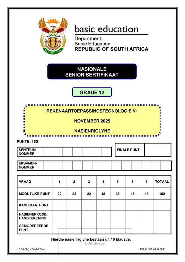 Grade 12 Afrikaans past paper 2024 – Computer Application Technology Memo 1 (Afrikaans)
