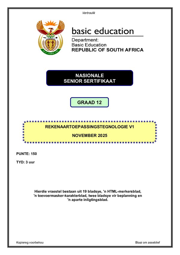 Grade 12 Afrikaans past paper 2025 – Computer Application Technology Paper 1 (Afrikaans)