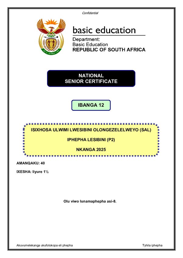 Grade 12 isiXhosa past paper 2025 – IsiXhosa SAL P2