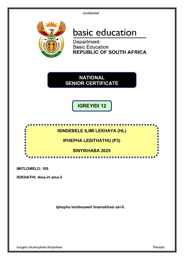 Grade 12 isiNdebele past paper 2025 – IsiNdebele HL P3