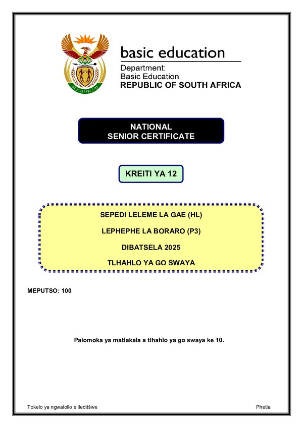 Grade 12 Sepedi past paper 2025 – Sepedi HL P3 memo