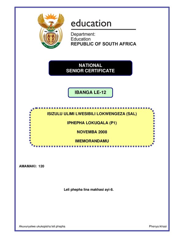 Isizulu Sal P1 (Kwa Zulu Natal) Memo