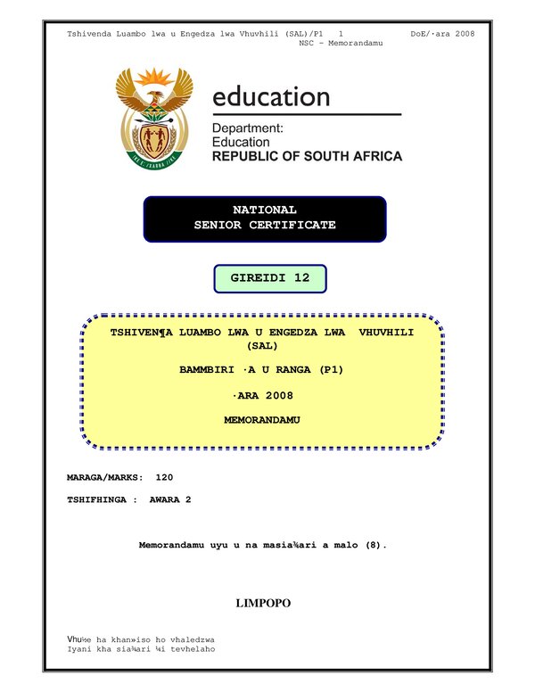 Tshivenda Sal P1 (Limpopo) Memo