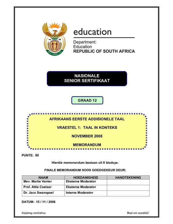 Grade 12 Afrikaans past paper 2008 – Afrikaans FAL P1 memo