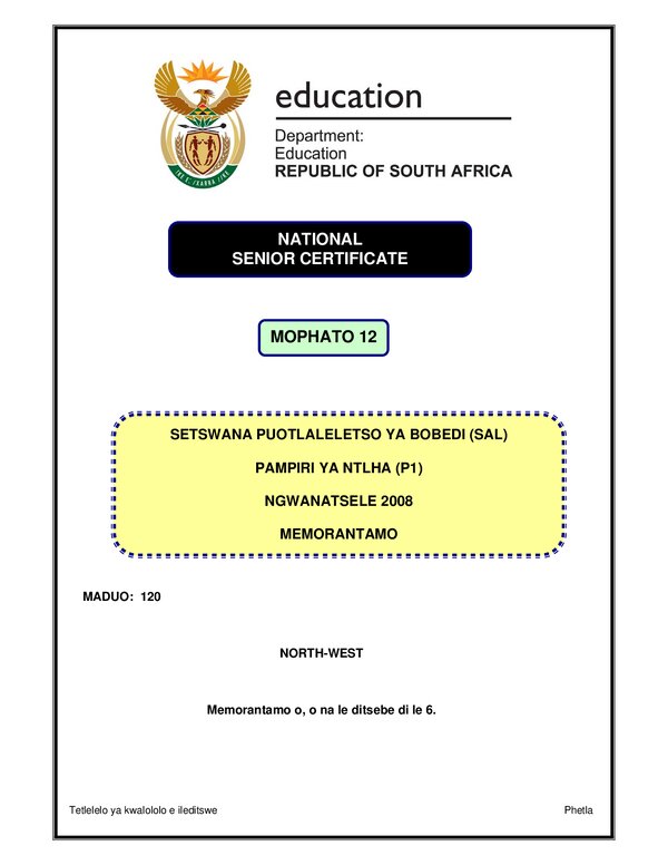 Setswana Sal P1 (North West) Memo