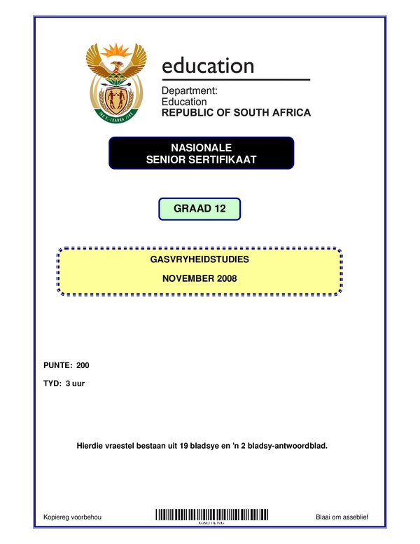 Grade 12 Afrikaans past paper 2008 – Hospitality Studies P1 Afrikaans