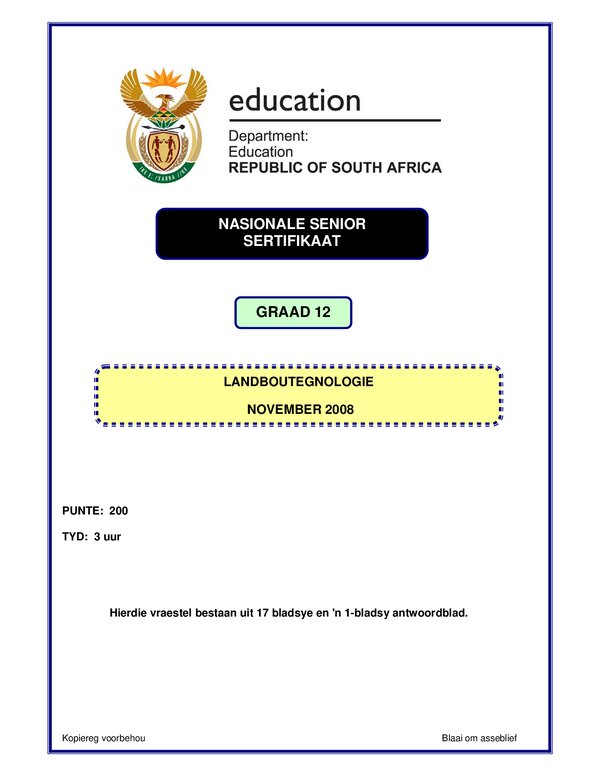 Grade 12 Afrikaans past paper 2008 – Agricultural Technology P1 Afrikaans