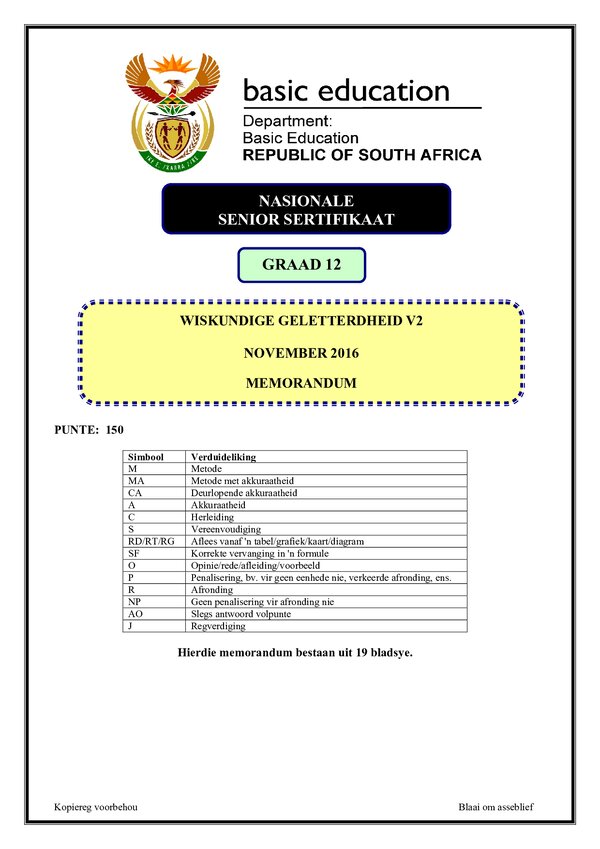 Mathematical Literacy Memo 2 (Afrikaans)