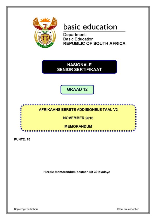 Grade 12 Afrikaans past paper 2016 – Afrikaans FAL P2 memo
