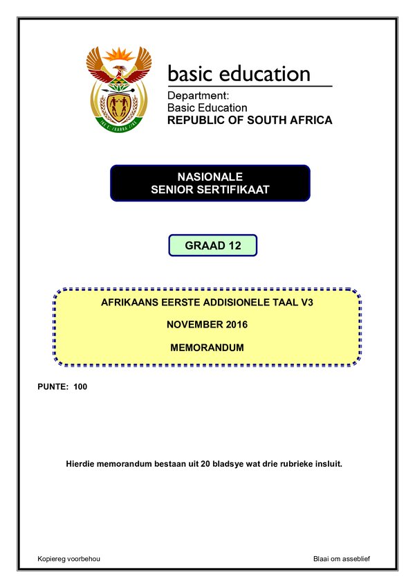 Grade 12 Afrikaans past paper 2016 – Afrikaans FAL P3 memo