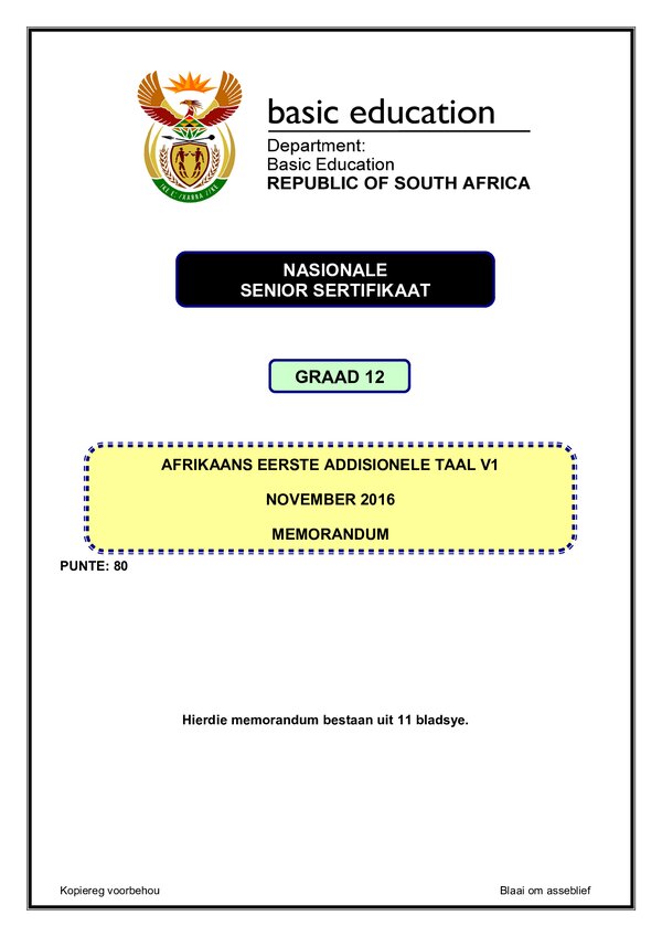 Grade 12 Afrikaans past paper 2015 – Afrikaans FAL P1 memo