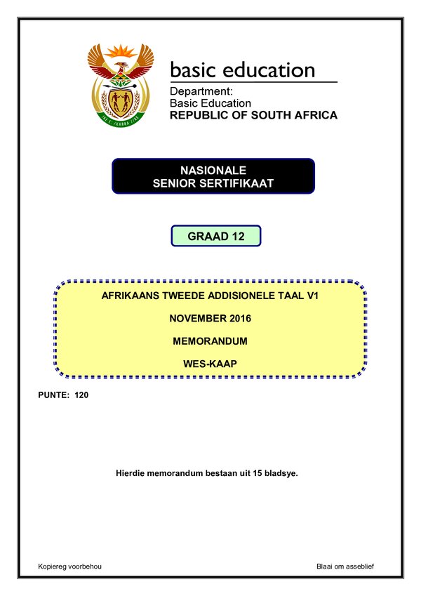 Grade 12 Afrikaans past paper 2016 – Afrikaans SAL P1 memo (Western Cape)