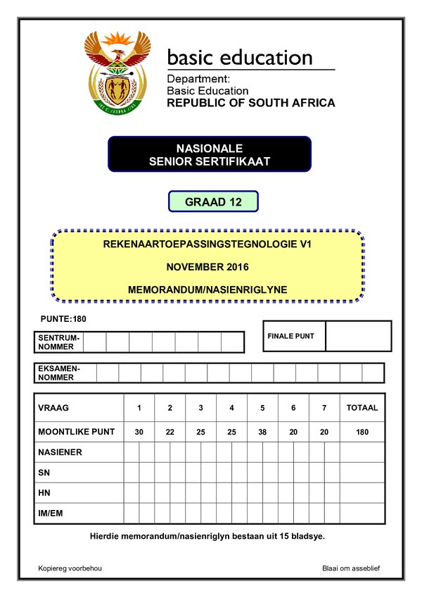 Grade 12 Afrikaans past paper 2016 – Computer Application Technology Memo 1 (Afrikaans)