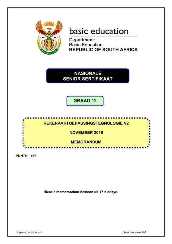 Grade 12 Afrikaans past paper 2016 – Computer Application Technology Memo 2 (Afrikaans)
