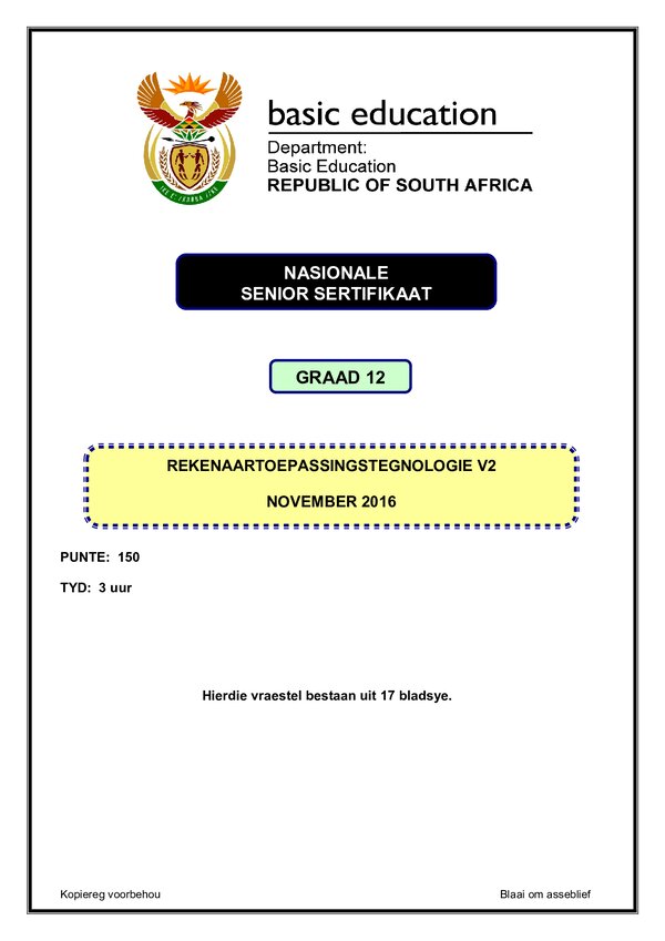 Grade 12 Afrikaans past paper 2016 – Computer Application Technology Paper 2 (Afrikaans)
