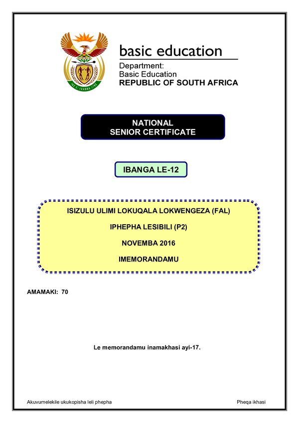 Grade 12 isiXhosa past paper 2016 – IsiXhosa FAL P2 memo