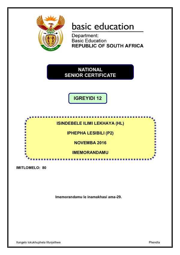 Isindebele Hl P2 Memo