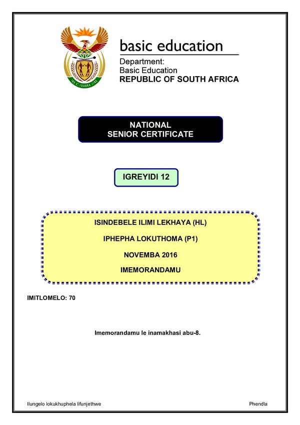 Isindebele Hl P1 Memo