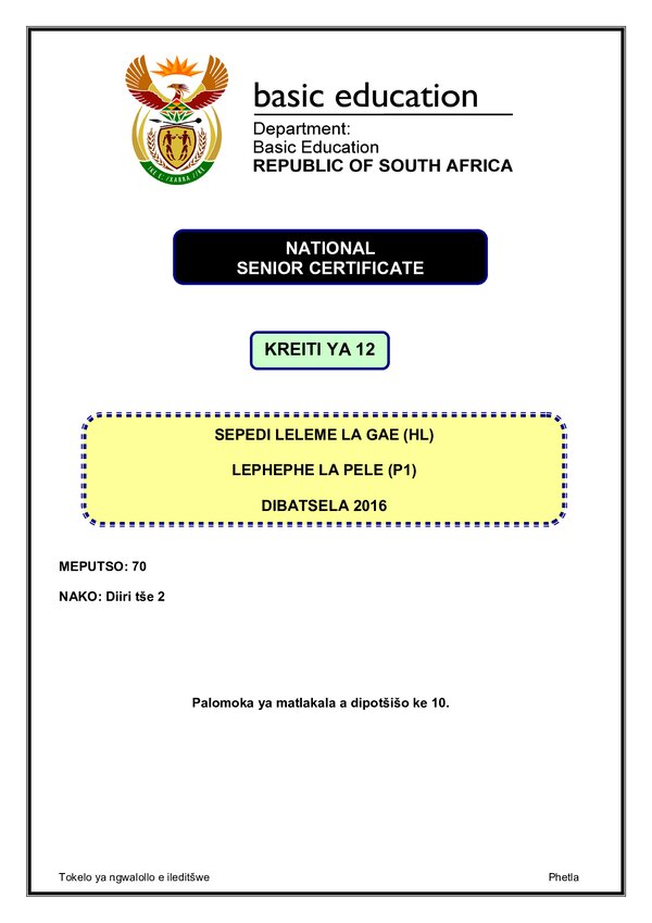 Grade 12 Sepedi past paper 2014 – Sepedi HL P1