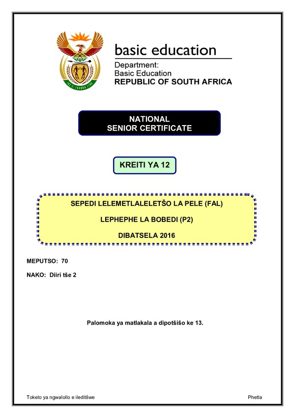 Grade 12 Sepedi past paper 2016 – Sepedi FAL P2