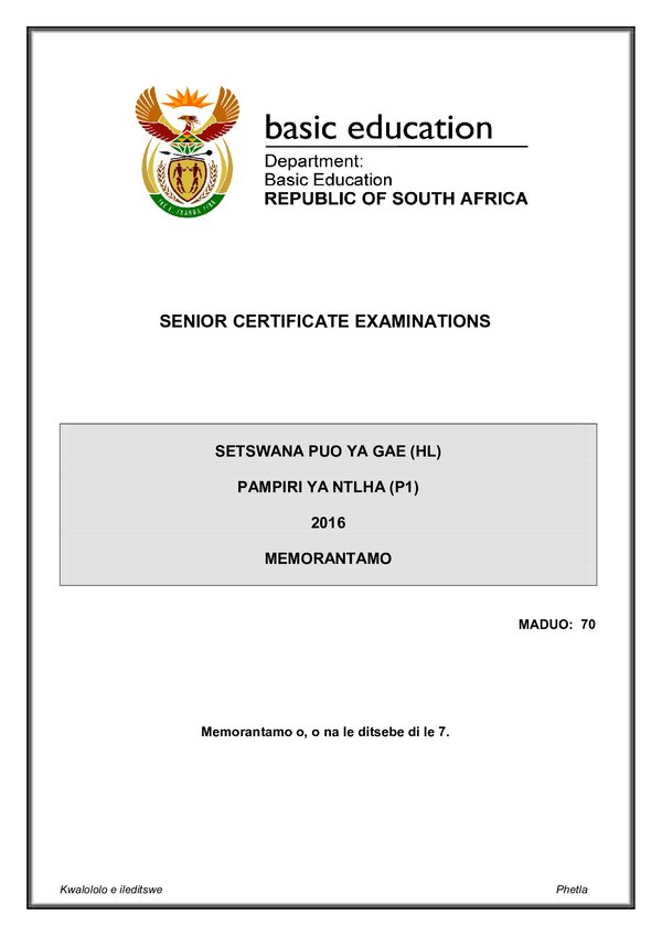 Setswana Hl P1 Memo