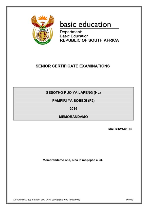 Sesotho Hl P2 Memo
