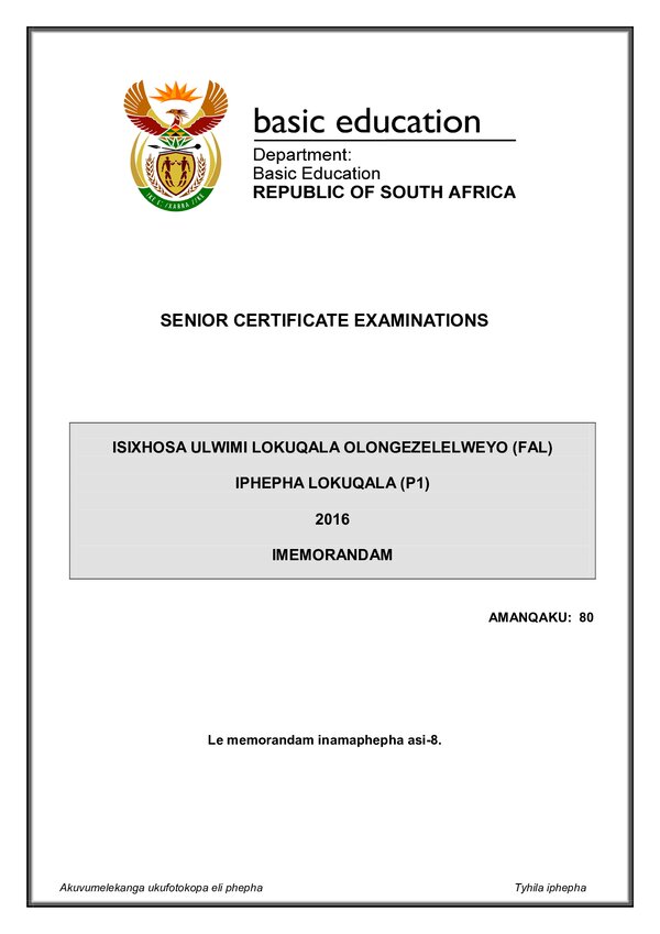 Isixhosa Fal P1 Memo