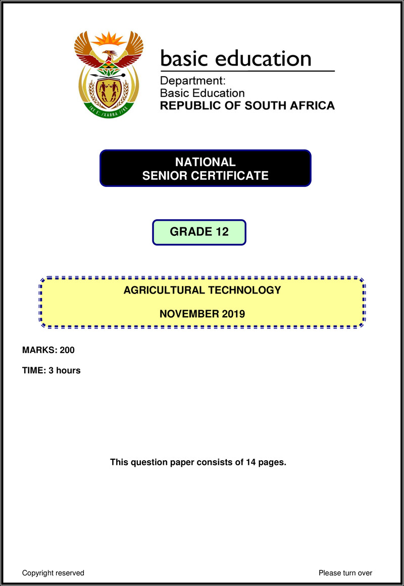 Grade 12 Agricultural Technology past paper 2019 – agricultural technology nov 2019 eng gr12