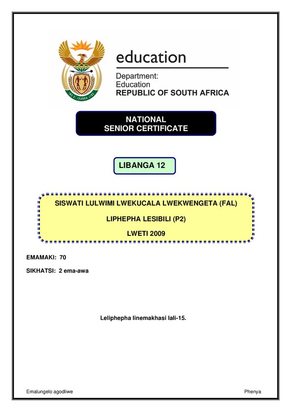 Grade 12 Siswati past paper 2009 – Siswati FAL P2