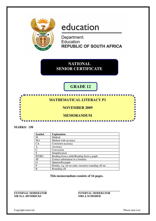 Mathematical Literacy Memo 1 (English)