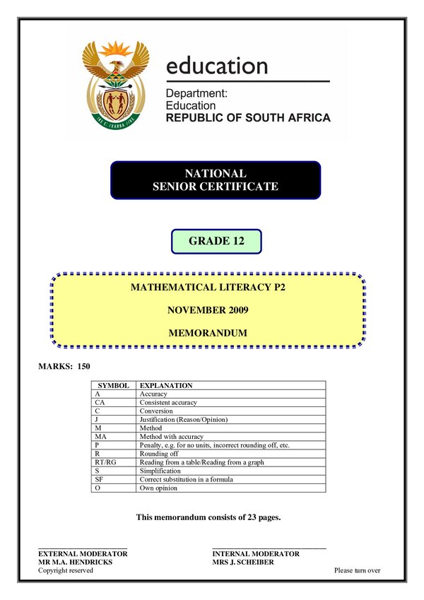 Mathematical Literacy Memo 2 (English)