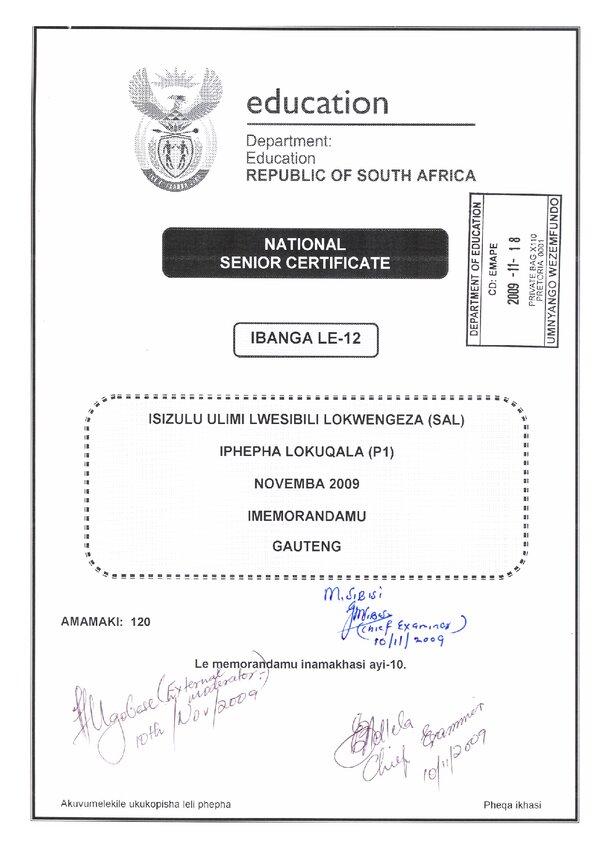 Isizulu Sal P1 (Gauteng) Memo