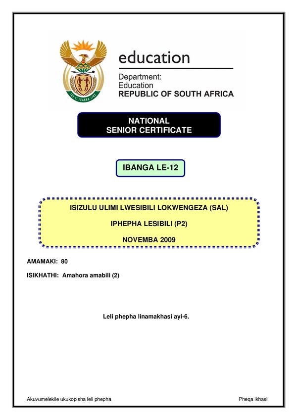 Grade 12 isiZulu past paper 2009 – IsiZulu SAL P2