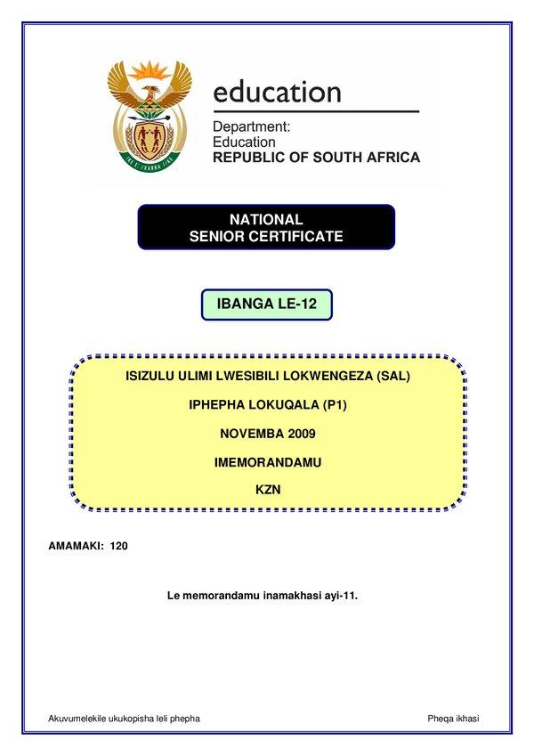 Isizulu Sal P1 (Kwazulu Natal) Memo
