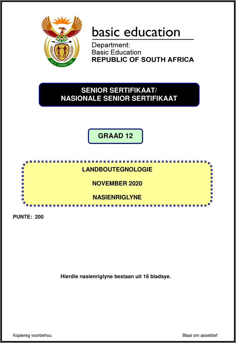 Grade 12 Agricultural Technology past paper 2020 – agricultural technology nov 2020 memo afr gr12