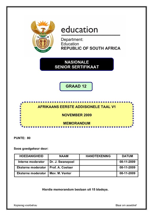 Grade 12 Afrikaans past paper 2007 – Afrikaans FAL P1 memo