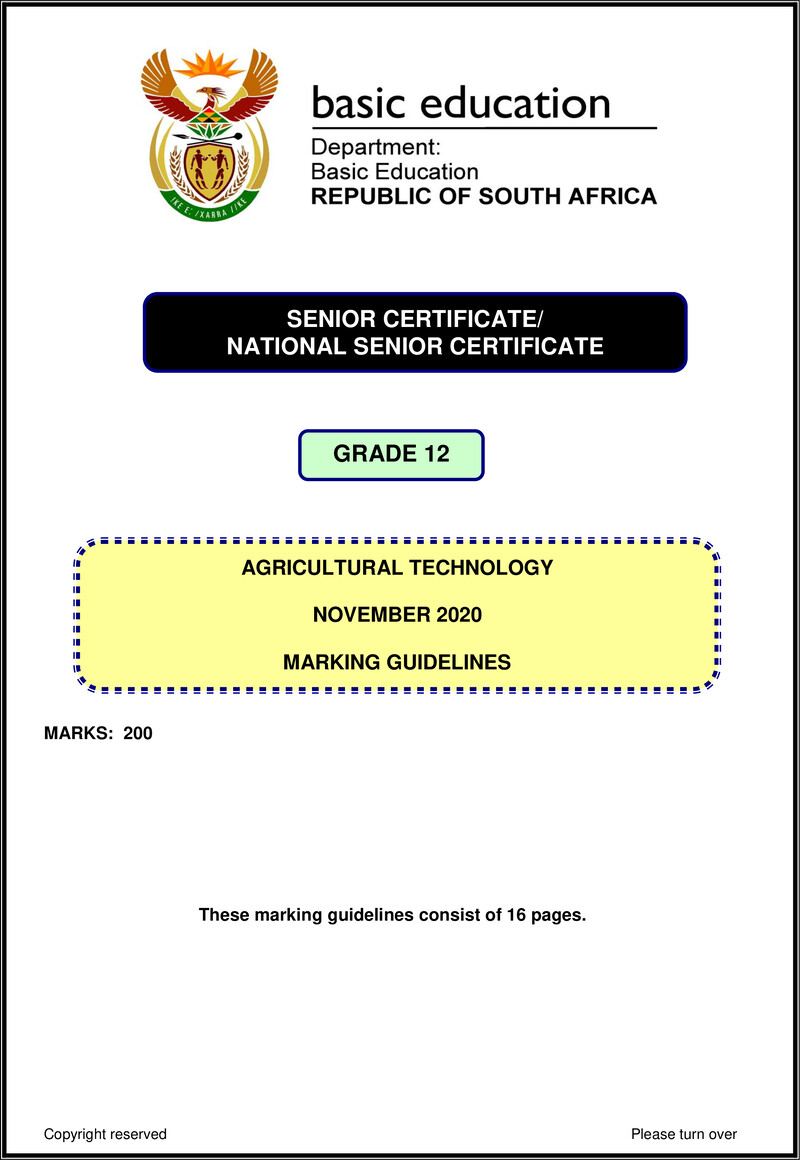 Grade 12 Agricultural Technology past paper 2020 – agricultural technology nov 2020 memo eng gr12