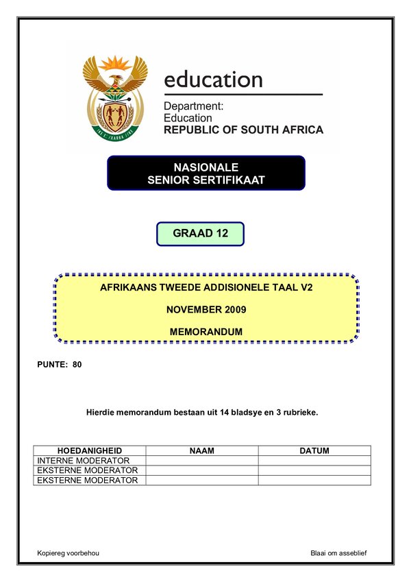 Grade 12 Afrikaans past paper 2009 – Afrikaans SAL P2 memo