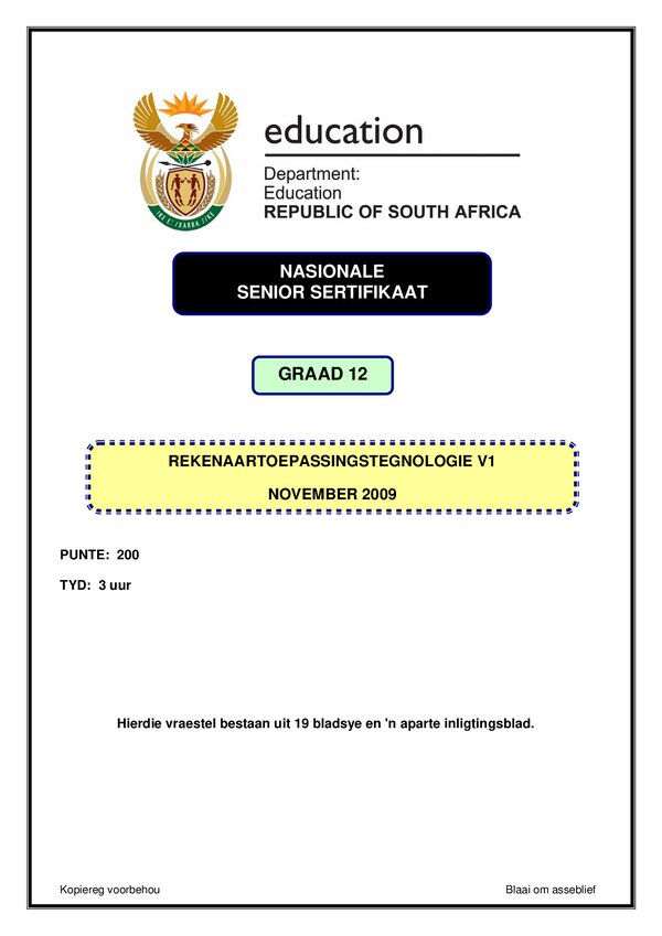 Grade 12 Afrikaans past paper 2009 – Computer Application Technology Paper 1 (Afrikaans)