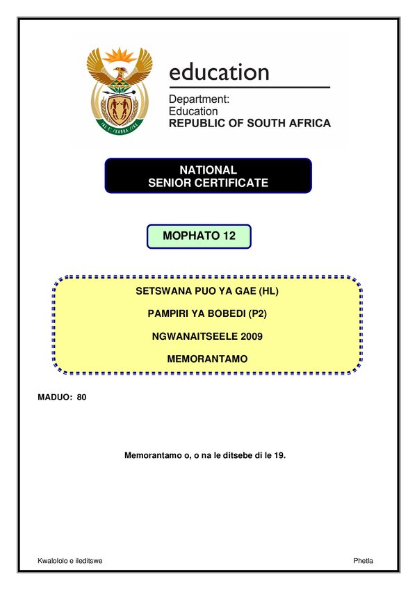 Setswana Hl P2 Memo