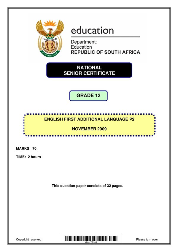 Grade 12 English past paper 2009 – English FAL P2