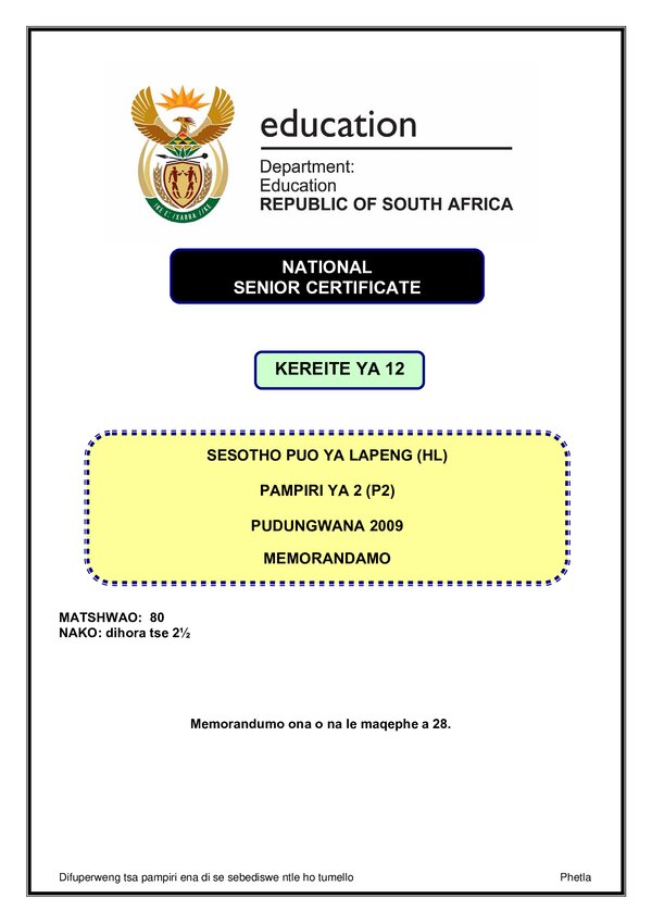 Sesotho Hl P2 Memo