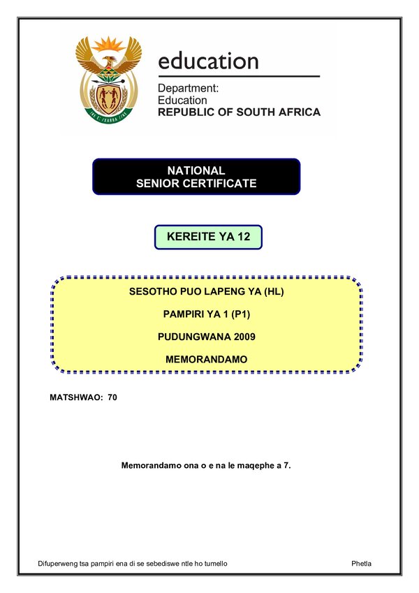Sesotho Hl P1 Memo