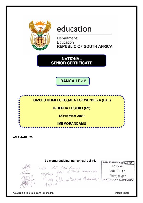 Grade 12 isiXhosa past paper 2009 – IsiXhosa FAL P2 memo