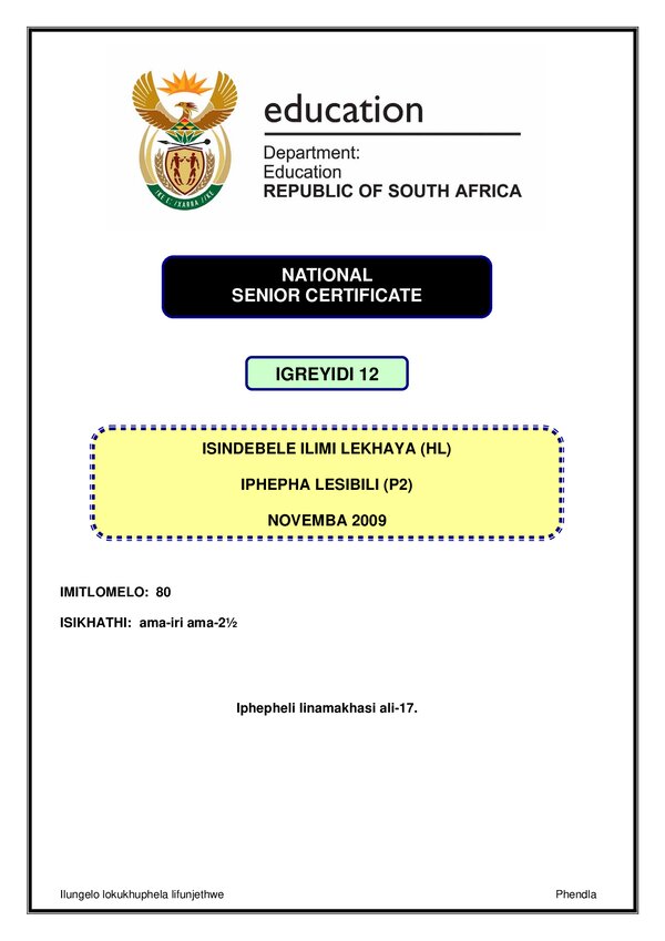 Grade 12 isiNdebele past paper 2009 – IsiNdebele HL P2