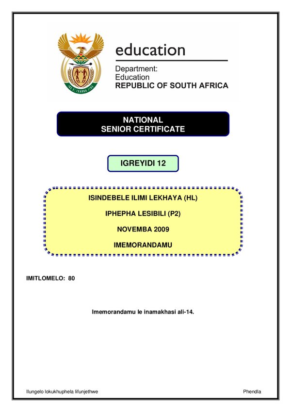 Isindebele Hl P2 Memo
